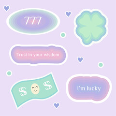 Numerology angel numbers 777 stickers. Set of illustrations for vision board of sunset, flower, plant and motivational quote