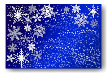 Beautiful falling snowflakes, wallpaper, background with copy space. Winter dust ice particles. Snowfall, blue background. Winter snowflakes. January, december, february theme. Snow hurricane scenery