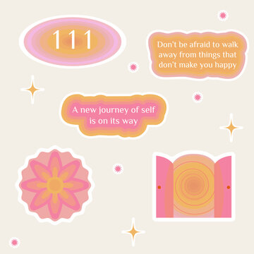 Numerology angel numbers 111 stickers. Set of illustrations for vision board of sunset, flower, plant and motivational quote