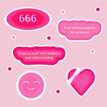 Numerology angel numbers 666 stickers. Set of illustrations for vision board of sunset, flower, plant and motivational quote