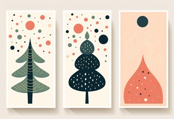 contemporary art design illustration of Christmas tree collection set, idea for wall art decor mock up, Generative Ai