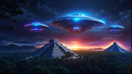 Three UFOs fly to the Mayan pyramids.
