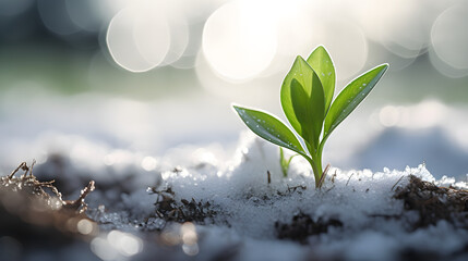 Green Plant Shoots Emerging from Spring Snow - obrazy, fototapety, plakaty