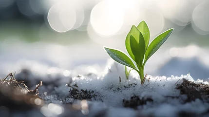 Fotobehang Green Plant Shoots Emerging from Spring Snow © Pixel My Heart