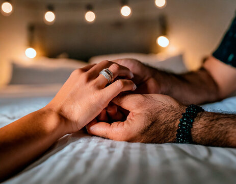 Loving couple holding hands on bed with soft lights in the background. Hand of a man and a woman. Ai generative.