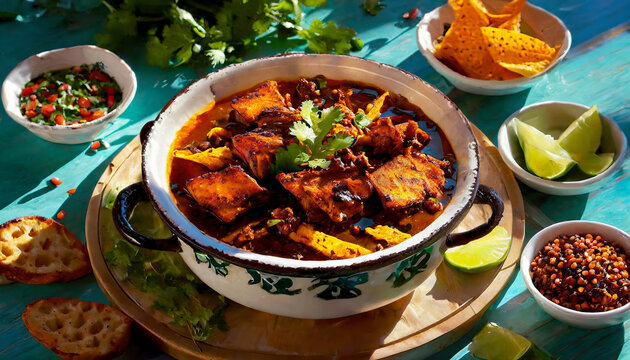 Birria in a rich soup, Mexican Food.