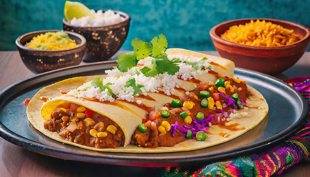 Enchiladas verdes with a side of rice and beans. Mexican Food.