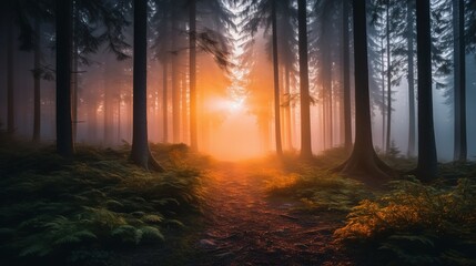 Sunrise in the Foggy Forest
