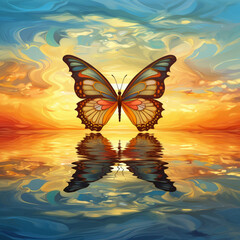Fototapeta na wymiar Sunshine painting photo of a butterfly flying over the water, in the style of golden palette