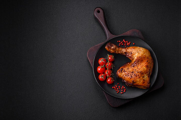 Delicious grilled chicken leg or quarter with salt and spices - obrazy, fototapety, plakaty