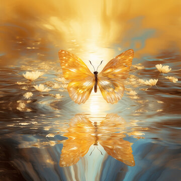 Sunshine painting photo of a butterfly flying over the water, in the style of golden palette