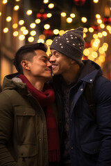 Two young handsome Asian Gay boyfriends in love on Christmas eve - Xmas decoration lights - urban city street - laughing at something funny