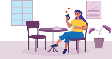 A girl is drinking coffee at a table in a cafe,  user interface illustration, simple icon, white background.