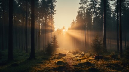 Fototapeta na wymiar Sunrise in the Foggy Forest 