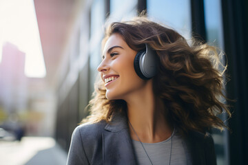 happy indian girl with headphones outdoors listen to music on a sunny day