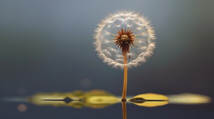 Dandelion on a dark background with reflection in water. Springtime Concept with a Copy Space. Mothers Day Concept.