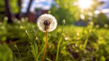 Dandelion flower on the background of green grass and sunlight. Springtime Concept with a Copy Space. Mothers Day Concept.