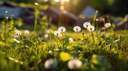 Dandelion flowers on green grass in the garden at sunset. Springtime Concept with a Copy Space. Mothers Day Concept.