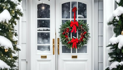 close up of a Christmas wreath hanging on entrance door, christmas decoration wreath on door close up, Elegant Christmas wreath on wooden door in snowy day.