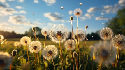 Dandelions on a meadow in the rays of the setting sun. Springtime Concept with a Copy Space. Mothers Day Concept.