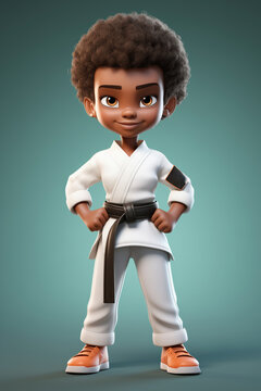 cartoon style young martial arts player boy in challenge pose for training and success at self defense sports like karate , kung fu and judo championships