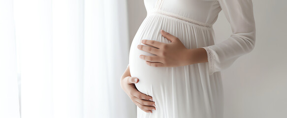 pregnant woman in white dress, AI generated - obrazy, fototapety, plakaty