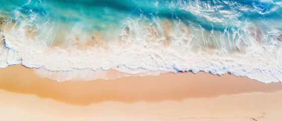 Fototapeta na wymiar Aerial view of a stunning beach white sand crystal clear water and waves. Generative AI