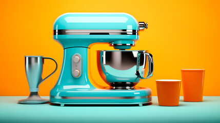 Electric kitchen appliances and utensils like mixer and machine for mixing ingredients on a blue counter top