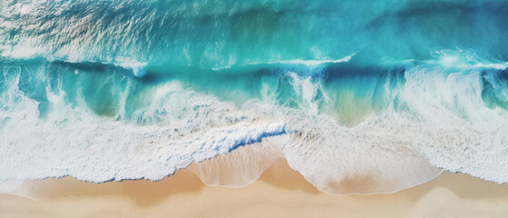 Obraz premium Aerial view of a stunning beach white sand crystal clear water and waves. Generative AI