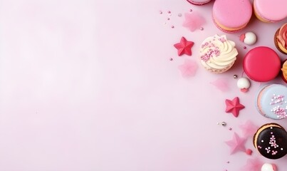 Obraz na płótnie Canvas top view birthday holiday background, cake, decoration, cupcakes and copy space. Generative AI