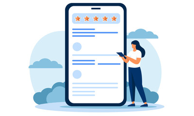 Flat vector illustration. A woman is rating an app. A high rating of five stars. Illustration for a request to rate the work. Vector illustration