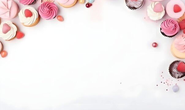 top view birthday holiday background, cake, decoration, cupcakes and copy space. Generative AI