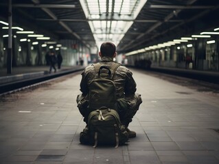 male soldier waiting alone at the train station. Generative AI