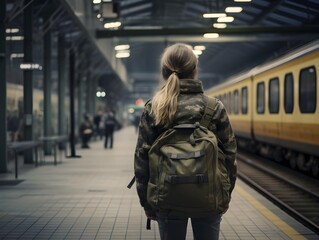 female soldier waiting alone at the train station. Generative AI