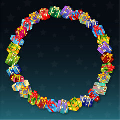 Set of colored gift boxes round frame. Festive design for christmas and holiday