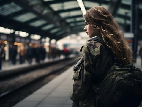 female soldier waiting alone at the train station. Generative AI