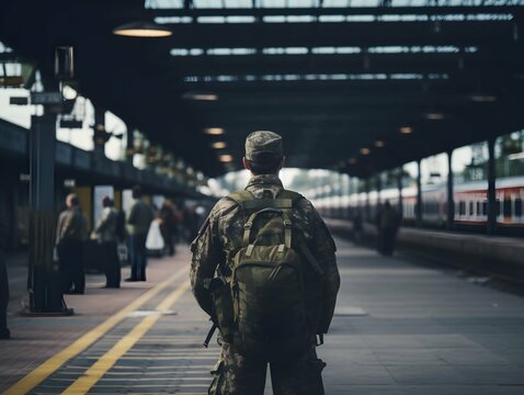 male soldier waiting alone at the train station. Generative AI