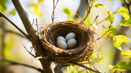 Bird Nest with Eggs on a Tree Branch - obrazy, fototapety, plakaty