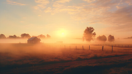 Misty, Early Morning House and Meadow