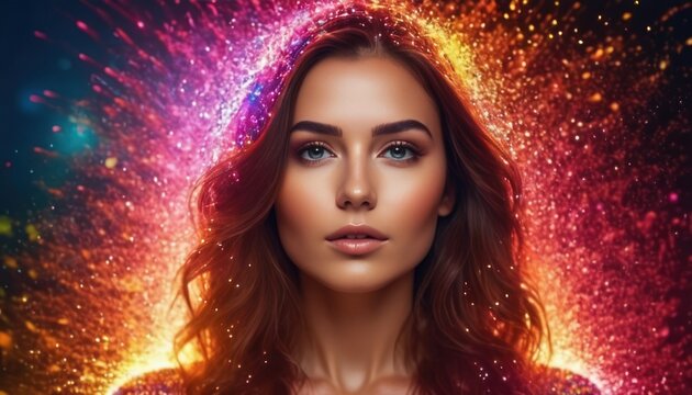 Close up portrait of beautiful young woman shape, colorful light particles, plexus figures, color splashes. Sensual woman and big glowing particle trails, paint waves. Colorful Futuristic background