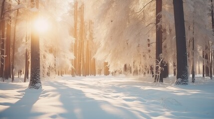 Snowy tree forest in a snow sunny day, natural light - obrazy, fototapety, plakaty