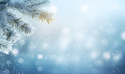 Fototapeta na wymiar Beautiful winter background image of frosted spruce branches and small drifts of pure snow with bokeh Christmas lights and copy space. Generative AI