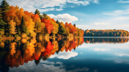 Naklejka na ściany i meble Autumn Landscape With Lake and Trees