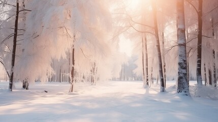 Snowy tree forest in a snow sunny day, natural light - obrazy, fototapety, plakaty