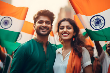 Young Indian couple celebrating India's Republic Day by posing with their Indian flag - obrazy, fototapety, plakaty