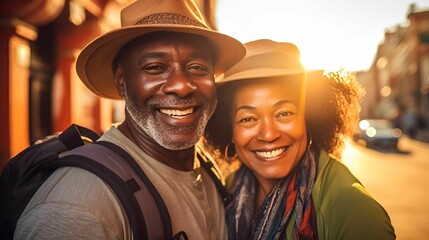 happy african american couple traveling through an european city at sunset - obrazy, fototapety, plakaty