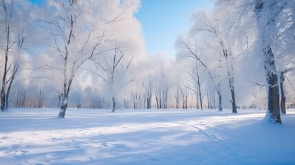 Obraz na płótnie Canvas Snowy tree forest in a snow sunny day, natural light