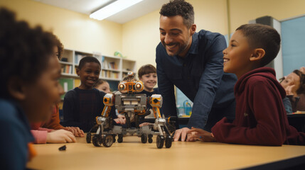 Teacher and students, mechanical robot programming, young students - obrazy, fototapety, plakaty
