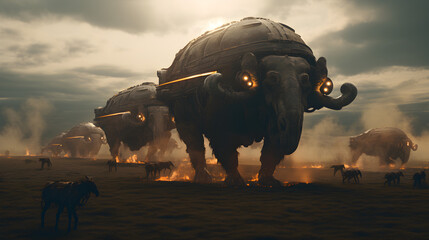 Surreal Futuristic Giant Mechanized Elephant-Like Creatures 