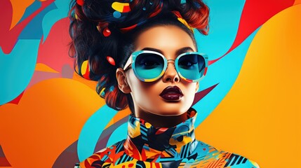Fashionable female with colorful sunglasses on colorful background - obrazy, fototapety, plakaty